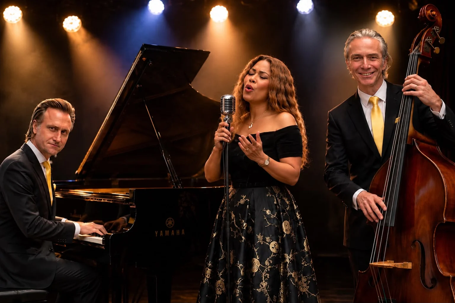 Trio aus Pianist, Sängerin am Mikrofon und Kontrabassist auf einer warm beleuchteten Bühne