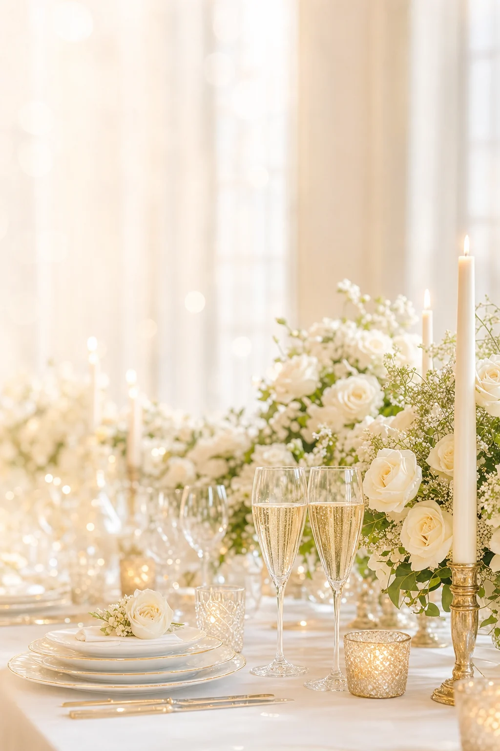 Gedeckter Apero-Tisch mit Champagnergläsern, weissen Rosen und Kerzen im Tageslicht