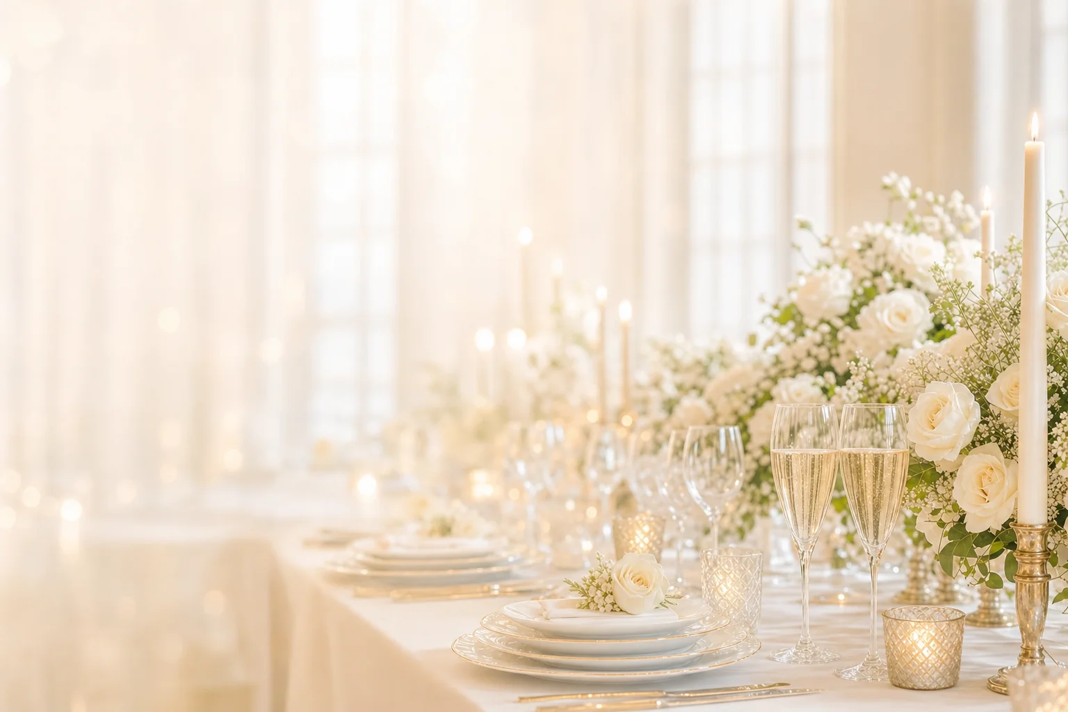 Festlich gedeckte Hochzeitstafel mit Champagnergläsern, weissen Rosen und Kerzen im hellen Tageslicht