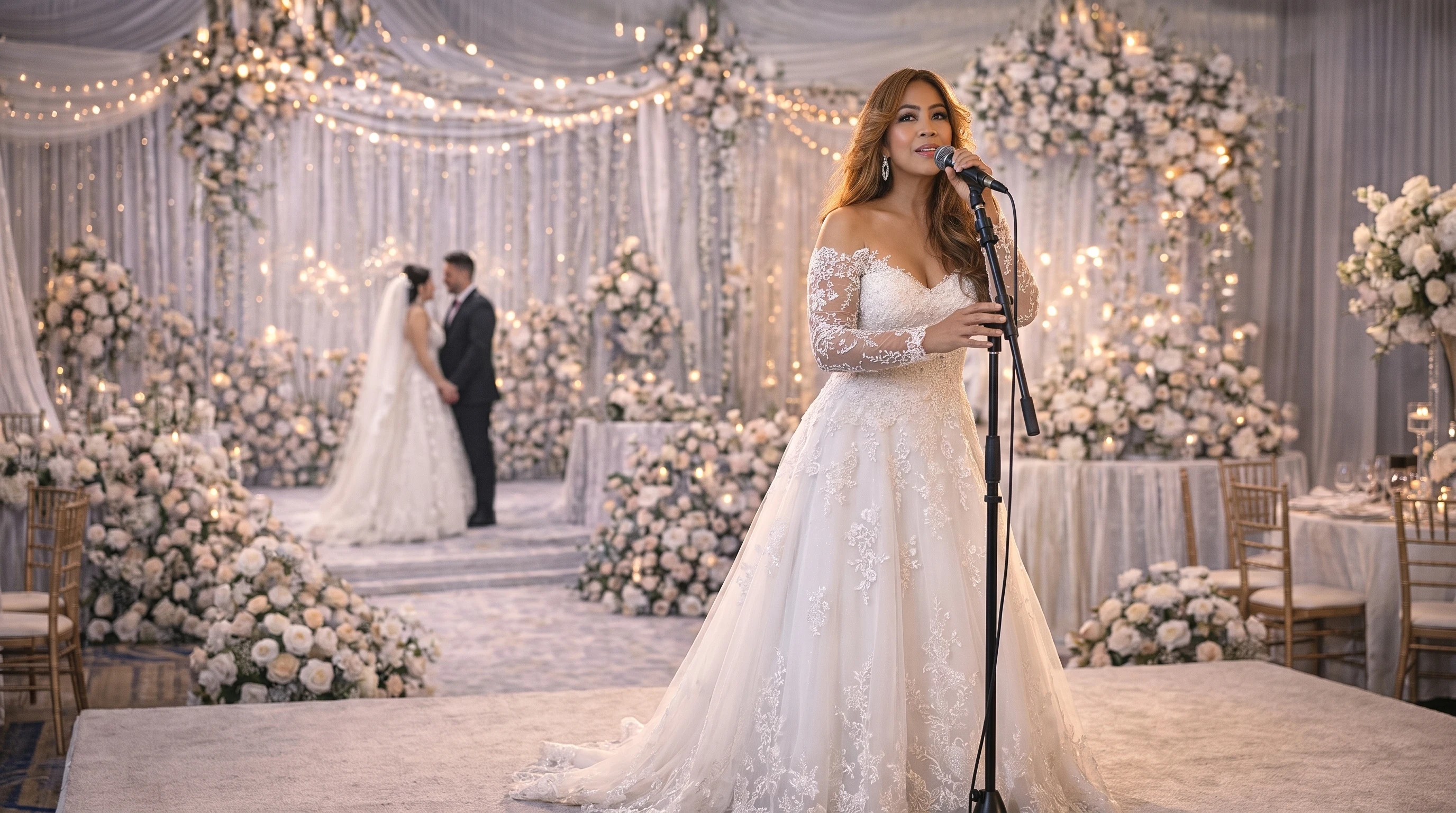 Josephine Pee im Brautkleid, singend am Mikrofon bei einer Hochzeit, im Hintergrund ein Brautpaar