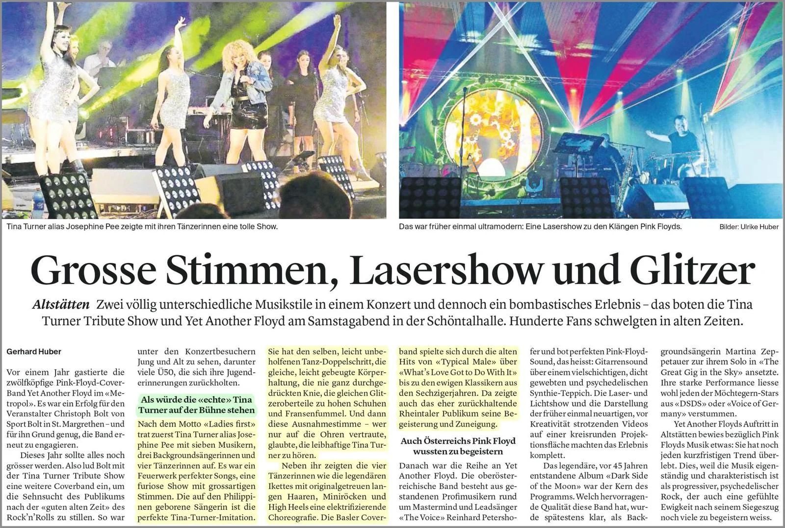 Zeitungsbericht: Josephine Pee als Tina Turner mit Tänzerinnen auf der Bühne in Altstätten