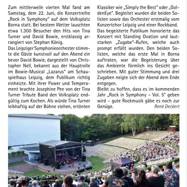 Zeitungsbericht: Josephine Pee mit der Tina Turner Tribute Band bei Rock in Symphony in Borna