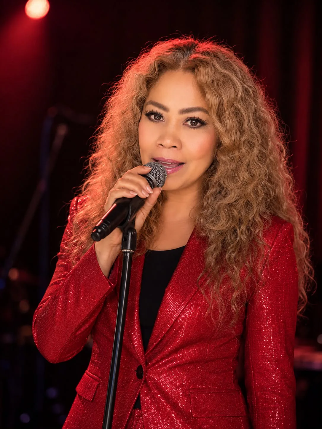 Josephine Pee im roten Glitzerblazer, singend am Mikrofon im warmen Bühnenlicht